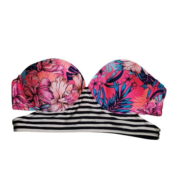 Xhilaration Women's Neon Tropical Stripe Mixed Print‎ Underwire Bandeau Bikini M - Picture 1 of 3